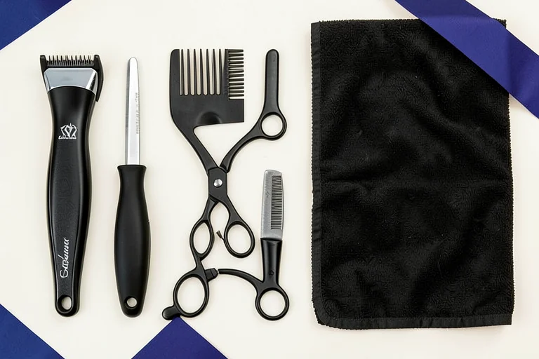 Generated text-free barber tools concept visual, not a real Kingdom Cuts photo